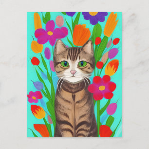 Schattige Grijze Kat met Kleurrijke Bloemen Briefkaart