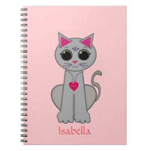 Schattige grijze kat & naamcalligrafie op roze notitieboek