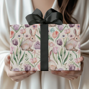 Schattige Grijze Konijn met Kleurrijke Tulpen Cadeaupapier