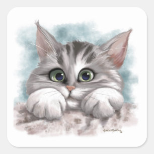 Schattige Grijze Lapjeskat Kartentekening Vierkante Sticker