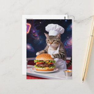 Schattige Grijze Lapjeskat Kok Maakt Cheeseburger Briefkaart