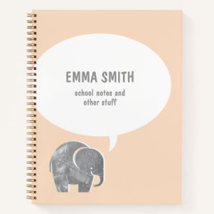 Schattige grijze olifant spraakballon licht oranje notitieboek