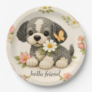 Schattige Grijze Puppy Bloem Vlinder = Papieren Bordje