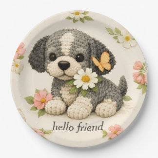 Schattige Grijze Puppy Bloem Vlinder = Papieren Bordje