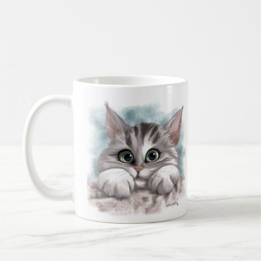 Schattige Grijze Tabby Poes Cartoon Koffiemok (Links)