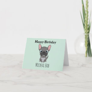 Schattige grijze verjaardag met naam pug hond blau bedankkaart