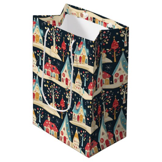 Schattige grillig plezier & feestelijk kerstdorp medium cadeauzakje (Voorkant Gekanteld)