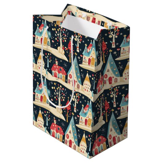 Schattige grillig plezier & feestelijk kerstdorp medium cadeauzakje (Achterkant Gekanteld)