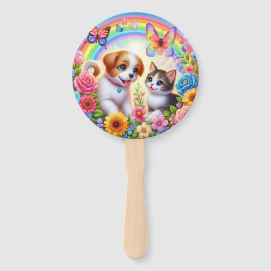 Schattige/grillig puppy/kitten regenboog handwaaier (Voorkant)
