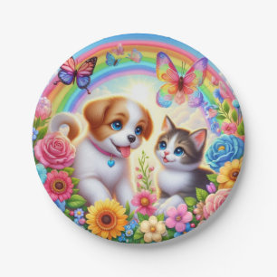 Schattige/grillig puppy/kitten regenboog papieren bordje