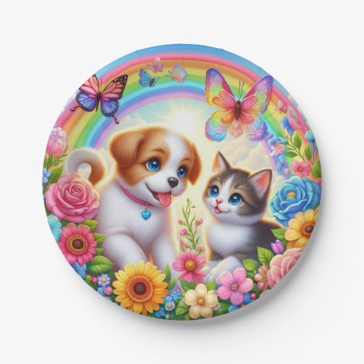 Schattige/grillig puppy/kitten regenboog papieren bordje (Voorkant)