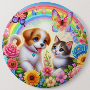 Schattige/grillig puppy/kitten regenboog ronde button 6,0 cm