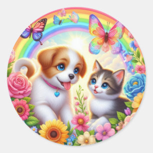Schattige/grillig puppy/kitten regenboog ronde sticker