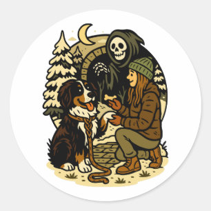 Schattige Grim Reaper Meisje en Hond Griezelig Bos Ronde Sticker