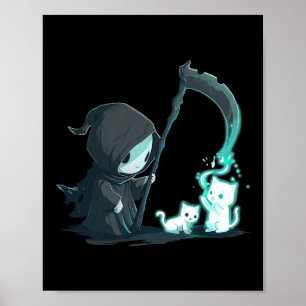 Schattige Grim Reaper Skelet met Cat Ghost Kawaii Poster