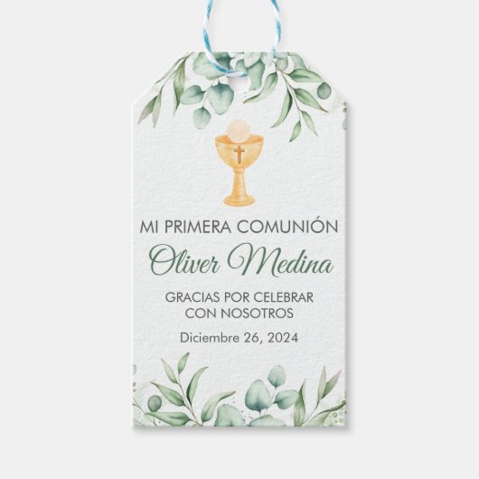 Schattige groen verlaat Spaans Eerste Communie Cadeaulabel (Voorkant)