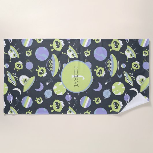 Schattige groene Aliens Space verzendt UFO-Kindere Strandlaken (Voorkant)