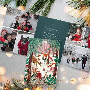 Schattige groene bosdieren familie foto kerstmis drieluik uitnodiging