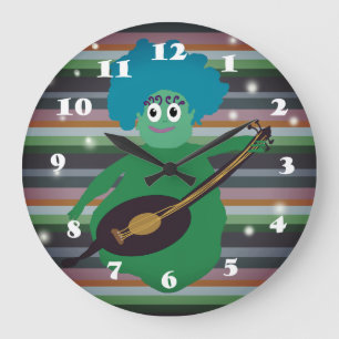 Schattige groene cartoon kerel, muziek kinderkamer grote klok