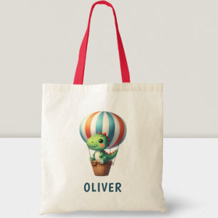 Schattige Groene Dino Stijgt Op in een Heet Luchtb Tote Bag