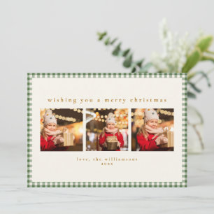 Schattige groene geruite drie foto kerst feestdagenkaart