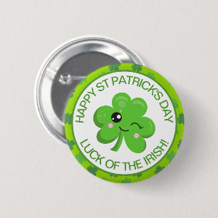 Schattige Groene Glimlachende Ierse Lucky Clover Ronde Button 5,7 Cm