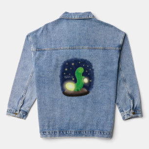 Schattige groene glimworm cartoon illustratie denim jacket