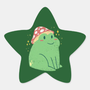 Schattige Groene Kikker met Paddenstoelen Hoed Ster Sticker