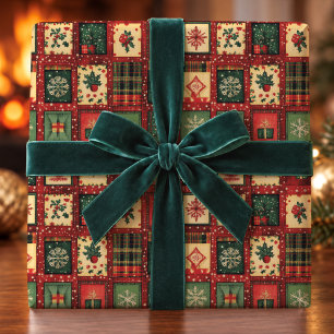 Schattige groene rode patchworkblokken Kerstmis Cadeaupapier