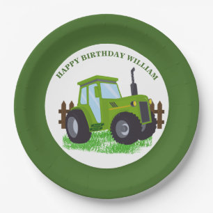 Schattige Groene Tractor Verjaardagsfeestje Papieren Bordje