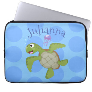 Schattige groene zeeschildpad gelukkige cartoonill laptop sleeve