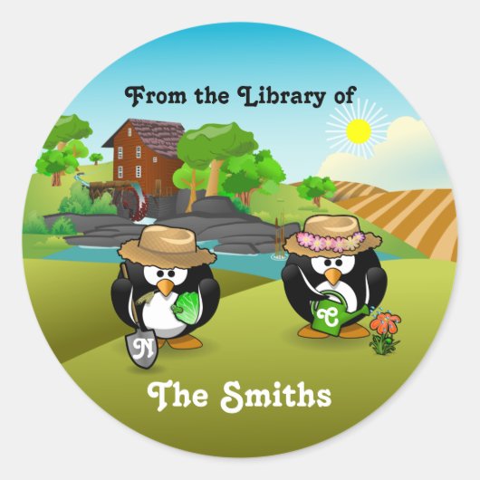 Schattige groenten en fruit, tuinman Penguin Coupl Ronde Sticker (Voorkant)