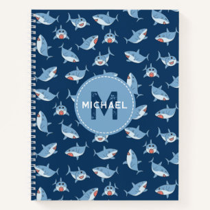 Schattige Grote Witte Haaien Oceaan Monogram Kinde Notitieboek