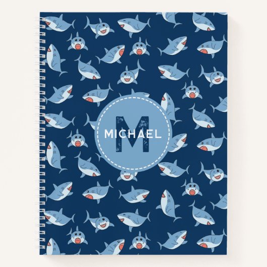 Schattige Grote Witte Haaien Oceaan Monogram Kinde Notitieboek (Voorkant)