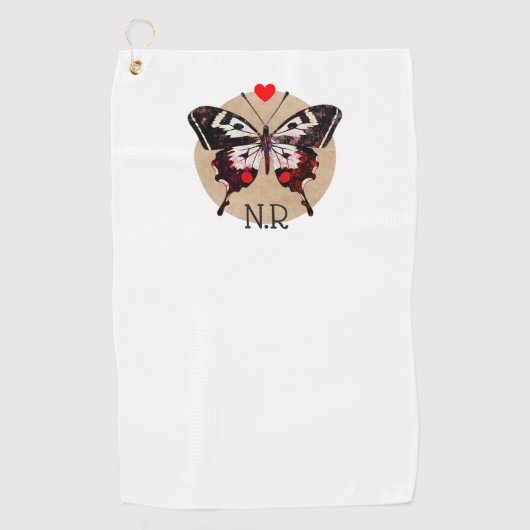 Schattige Grunge Vlinder & Harten Monogrammed Golfhanddoek (Voorkant)