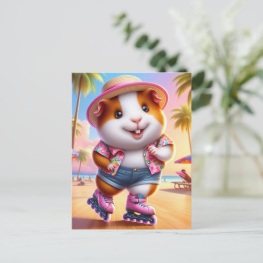 Schattige Guinee Pig Rollerskates op het strand Briefkaart (Staand voorkant)
