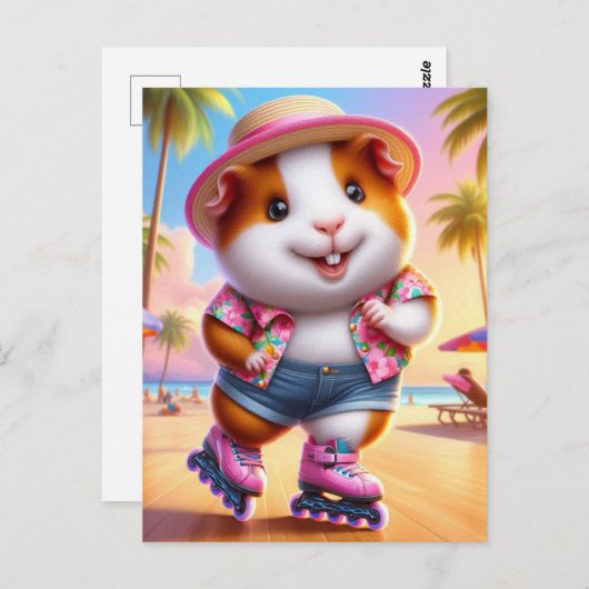 Schattige Guinee Pig Rollerskates op het strand Briefkaart (Voorkant / Achterkant)