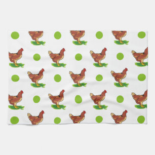 Schattige haan, kip, groene polka stippen theedoek