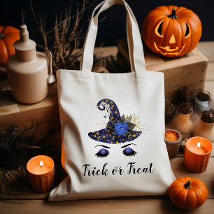 Schattige Halloween Blauwe Heksenhoed Trick or Tre Tote Bag