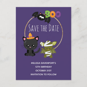 Schattige Halloween Cat, Bat & Mummy Boo Save the Uitnodiging Briefkaart