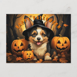 Schattige Halloween Corgi in bos met pompoenen Feestdagenkaart