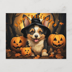 Schattige Halloween Corgi in bos met pompoenen Feestdagenkaart