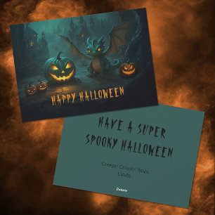 Schattige Halloween-draak met engelachtige pompoen Feestdagenkaart
