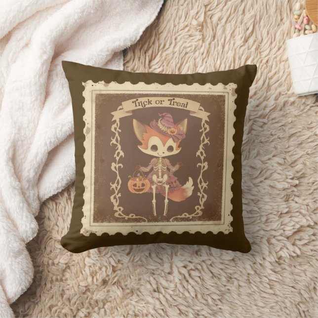Schattige Halloween Fox Skeleton Pillow Kussen (Deken)