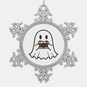 Schattige Halloween Geest Fotograaf Tin Sneeuwvlok Ornament
