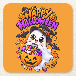 Schattige Halloween Geest Snoep Pompoen Vierkante Kartonnen Onderzetter