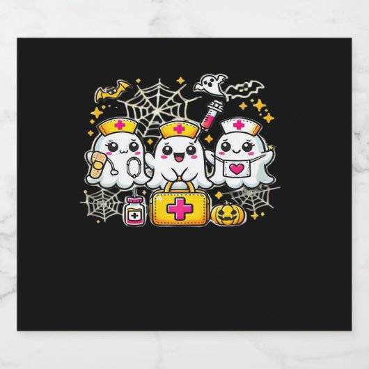 Schattige Halloween Ghost Nurse Trio met medische Sparkling Wijnetiket (Enkel label)