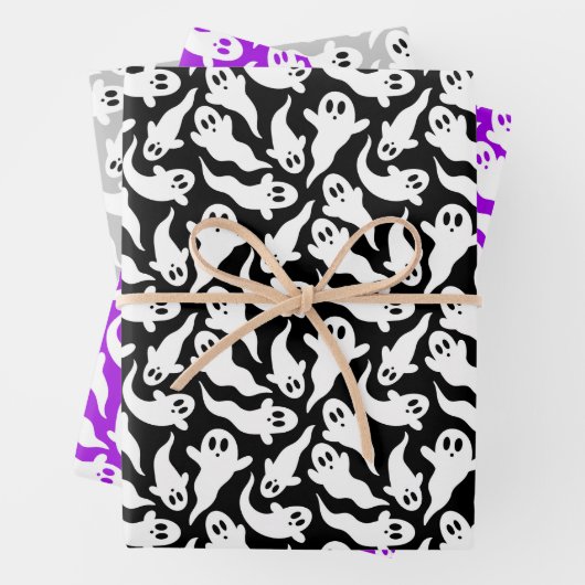 Schattige Halloween Ghost Pattern Zwart Grijs Paar Inpakpapier Vel (In situ)