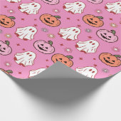 Schattige Halloween Ghosts & Pumpkins Roze Cadeaupapier (Hoek)