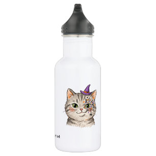 Schattige Halloween Grijze Tabby Kat Spinnenweb Ge Waterfles